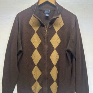 Brown Argyle Zip-Up Sweater